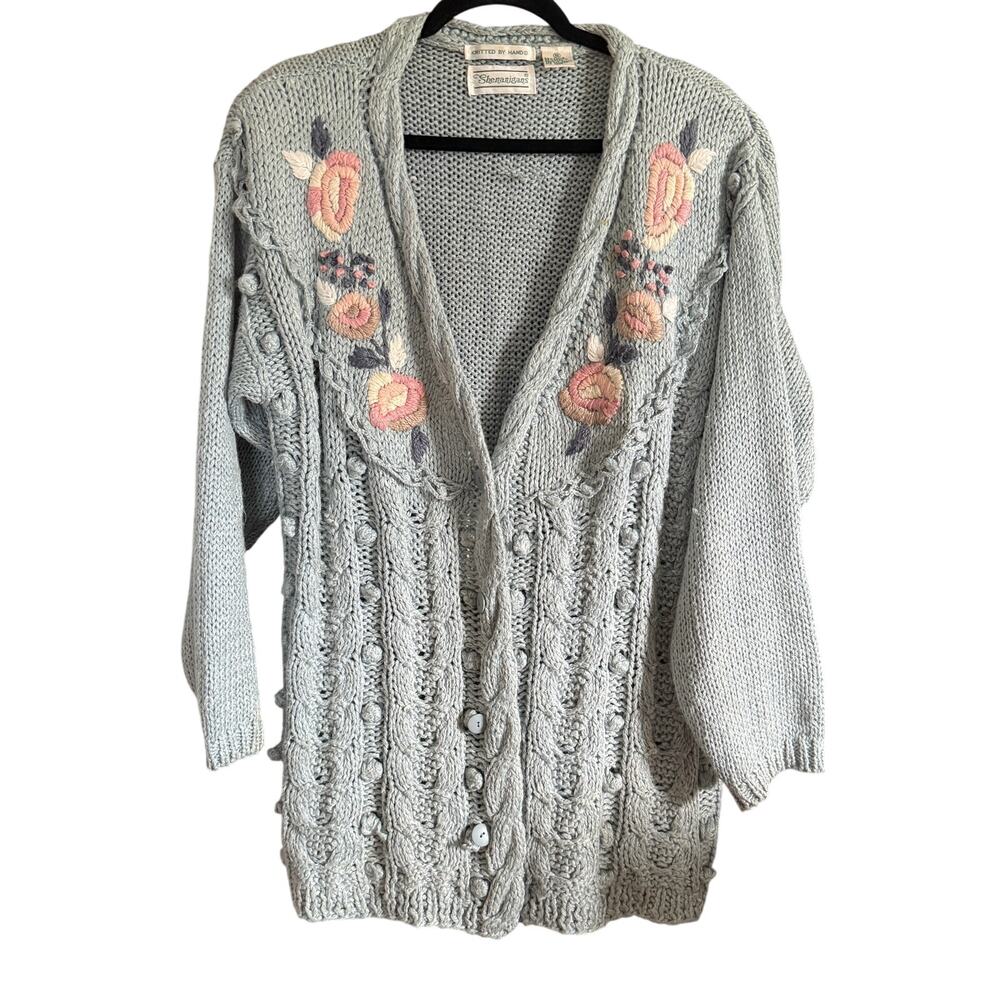80s Vintage Hand Knit Blue Whimsical Rose Embroidered Granny Sweater | Small
